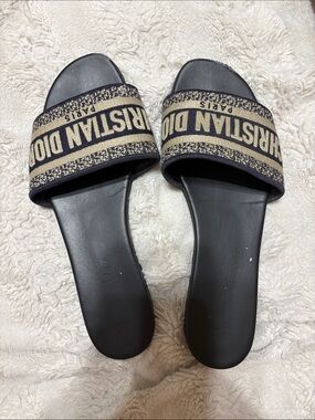 Dior Black and Beige Logo Pool Slide Sandals